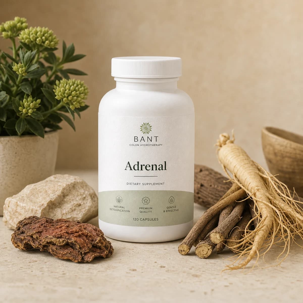 Bant Adrenal bottle with rhodiola, ginseng, and warm wellness styling.
