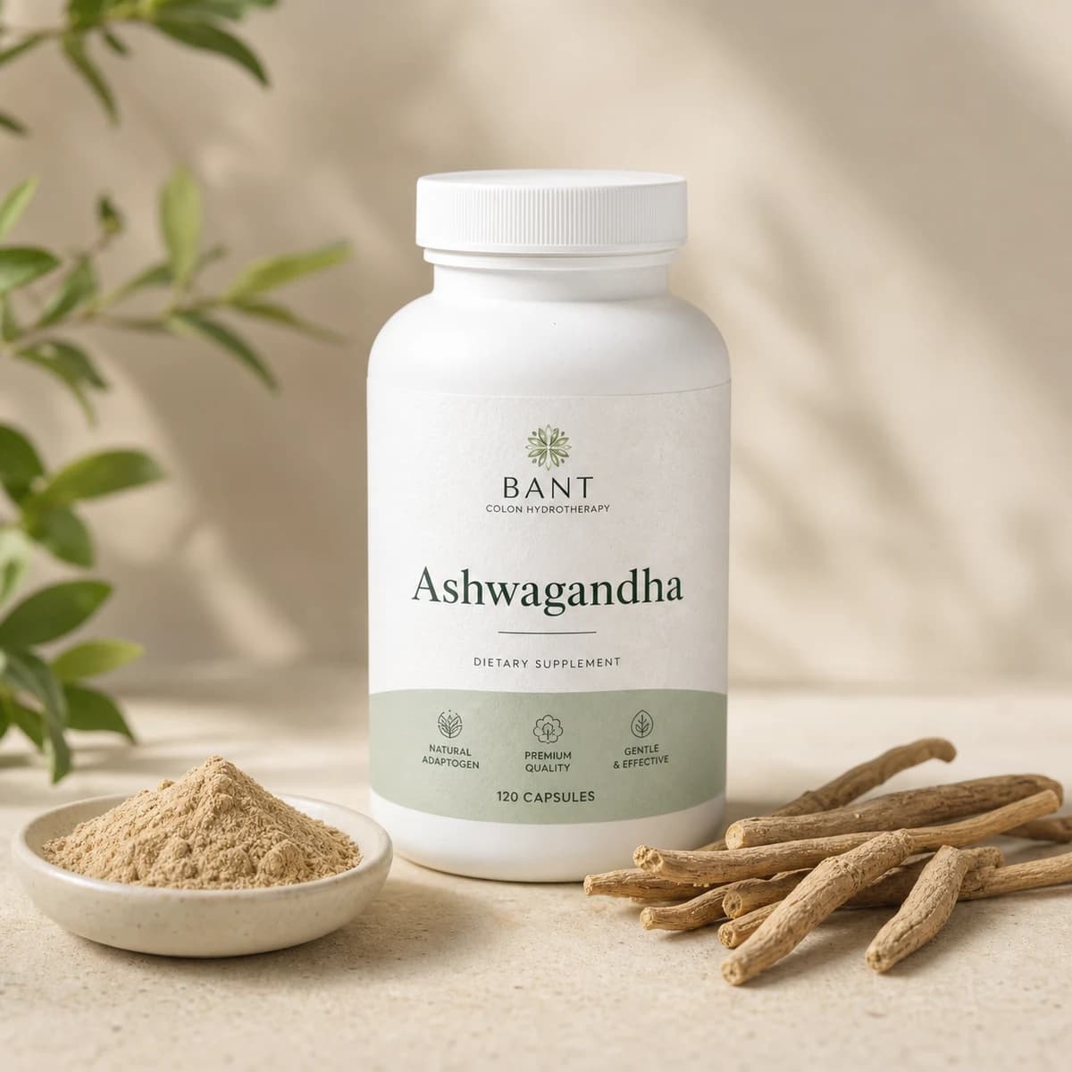 Bant Ashwagandha supplement bottle with roots, herbal powder, and soft leaves.