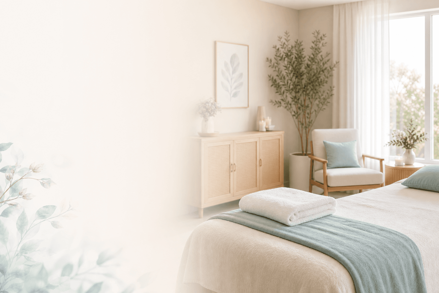 Calm private wellness treatment room with soft botanical details and folded towels.