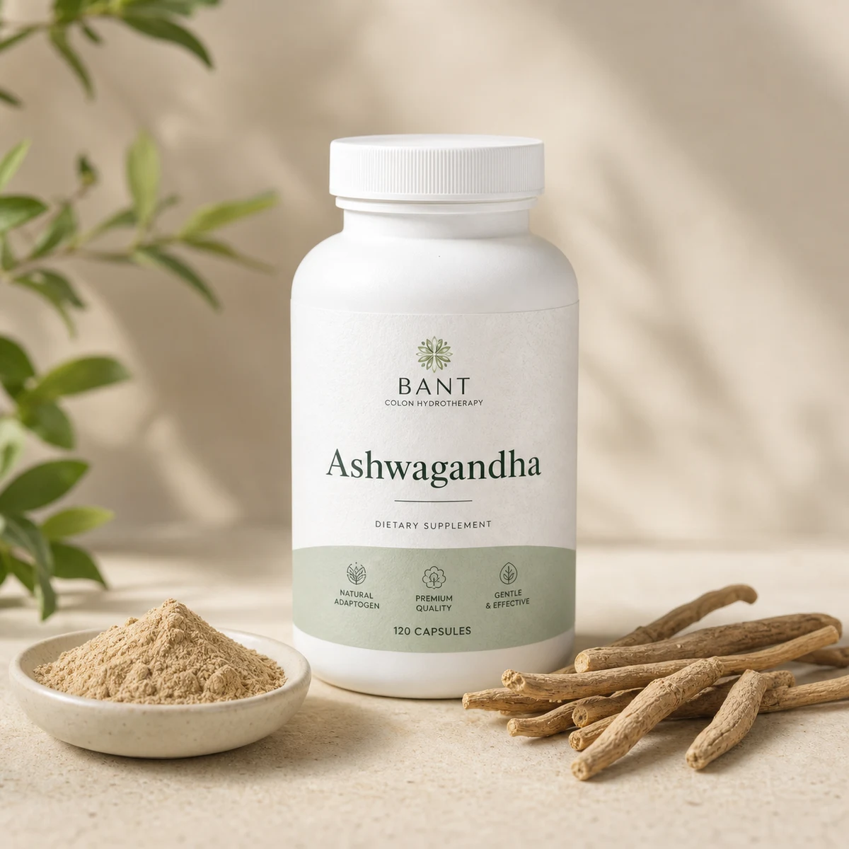 Bant Ashwagandha supplement bottle with roots, herbal powder, and soft leaves.