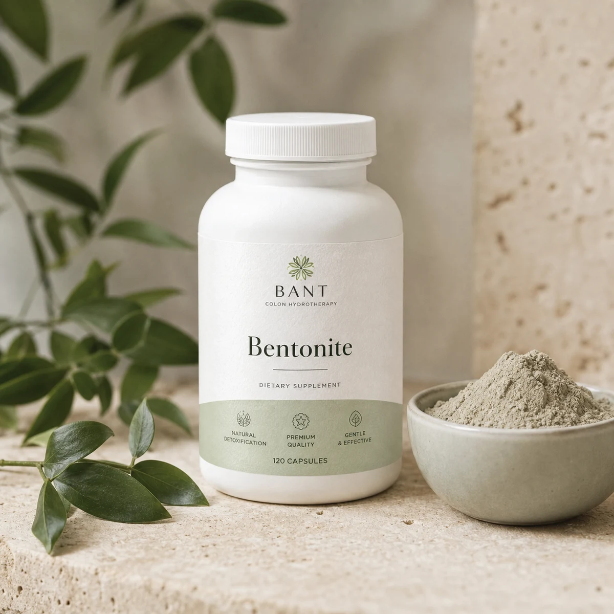 Bant Bentonite supplement bottle with clay powder and soft botanical styling.