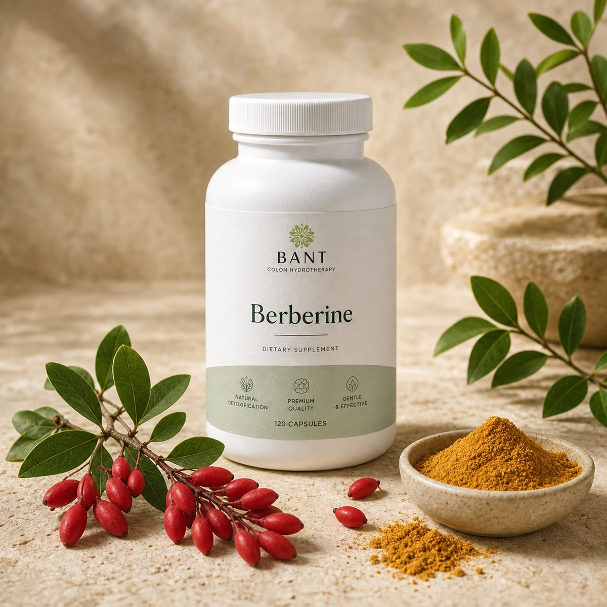 Bant Berberine bottle with barberry berries and golden botanical accents.