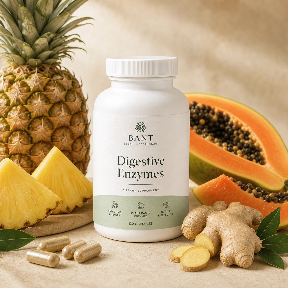 Bant Digestive Enzymes supplement bottle styled with pineapple, papaya, and ginger.